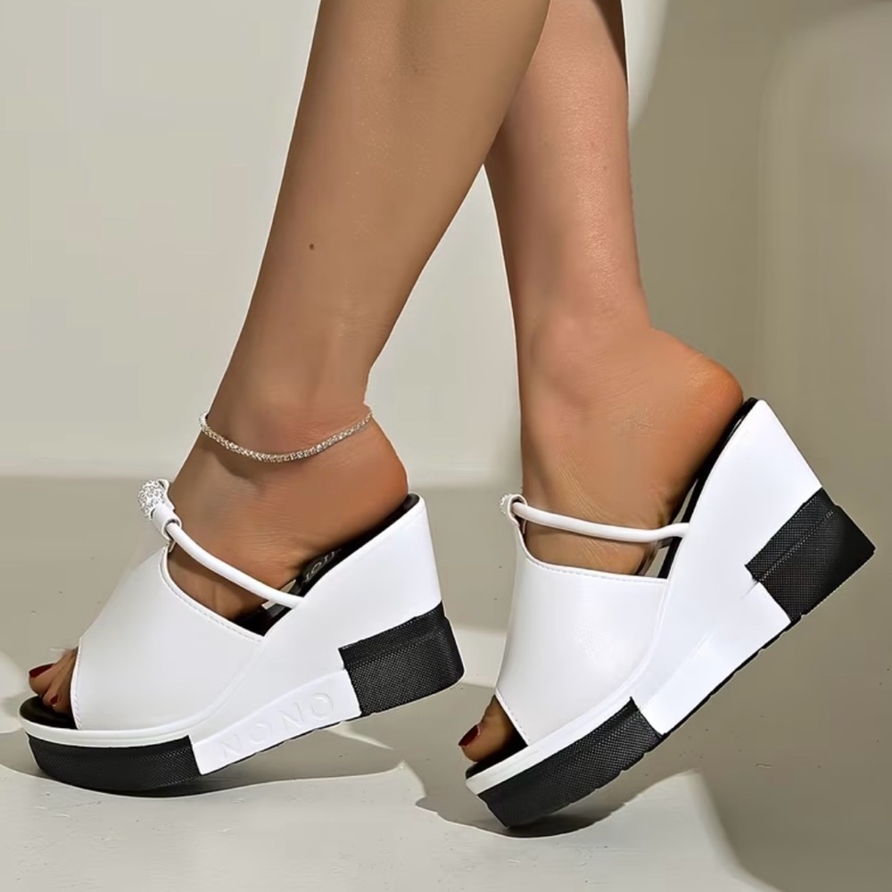 Elegant White and Black Wedge Sandals